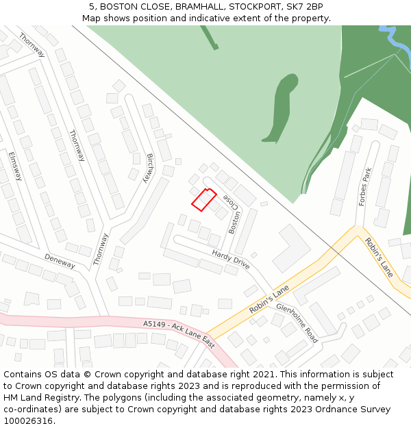 5, BOSTON CLOSE, BRAMHALL, STOCKPORT, SK7 2BP: Location map and indicative extent of plot