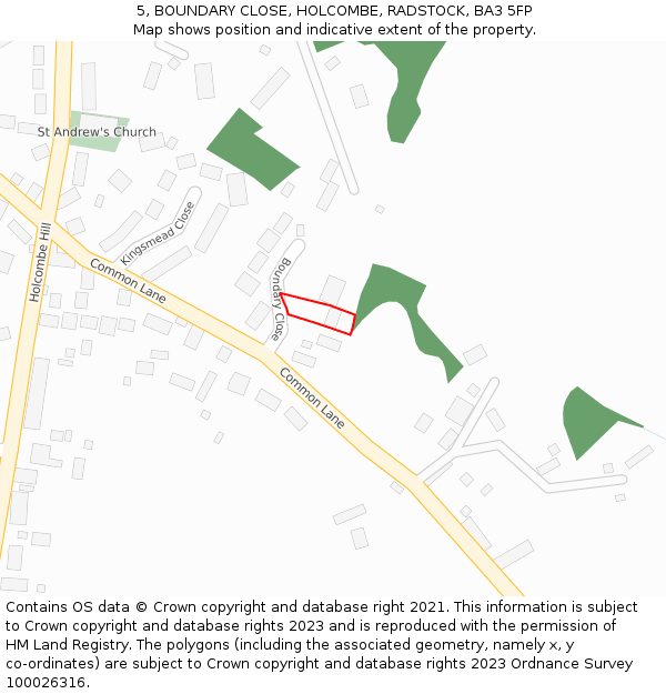 5, BOUNDARY CLOSE, HOLCOMBE, RADSTOCK, BA3 5FP: Location map and indicative extent of plot