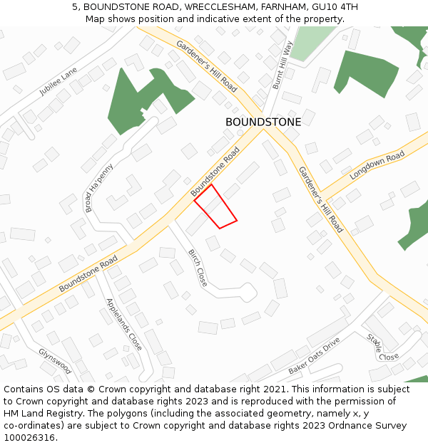 5, BOUNDSTONE ROAD, WRECCLESHAM, FARNHAM, GU10 4TH: Location map and indicative extent of plot