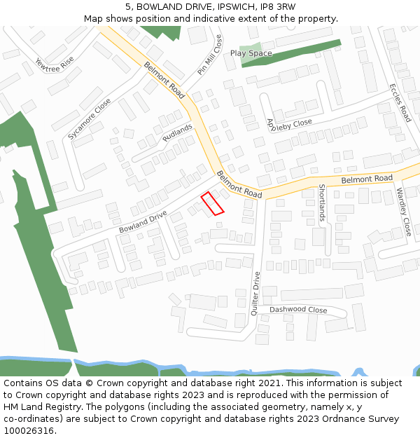 5, BOWLAND DRIVE, IPSWICH, IP8 3RW: Location map and indicative extent of plot