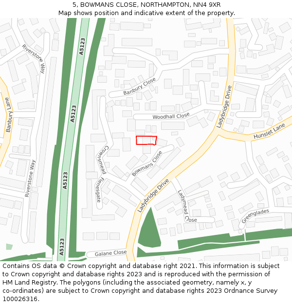 5, BOWMANS CLOSE, NORTHAMPTON, NN4 9XR: Location map and indicative extent of plot