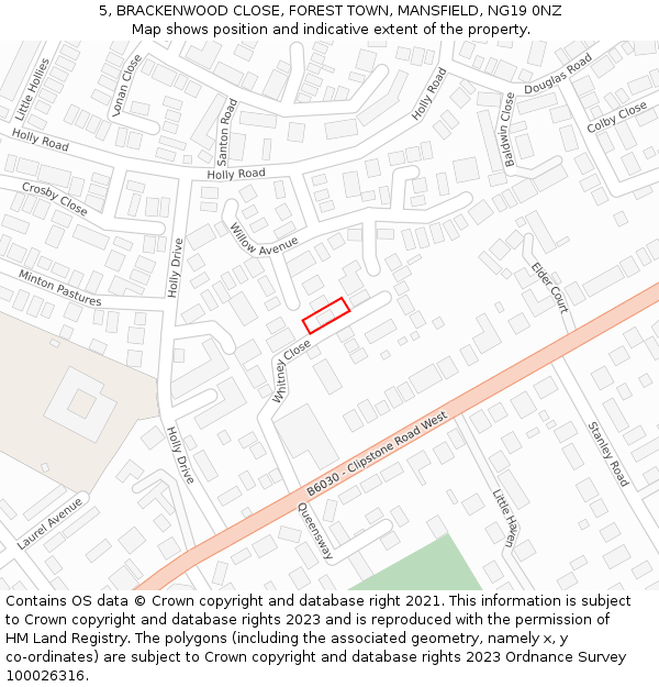 5, BRACKENWOOD CLOSE, FOREST TOWN, MANSFIELD, NG19 0NZ: Location map and indicative extent of plot