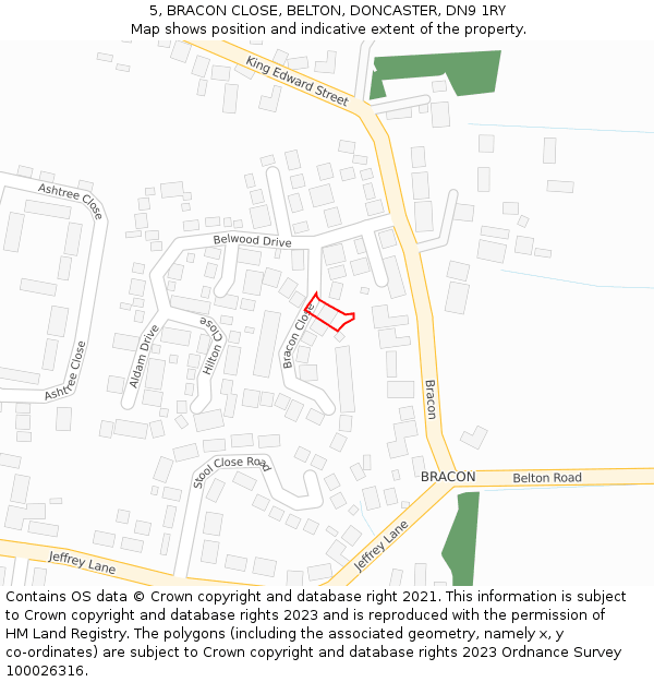 5, BRACON CLOSE, BELTON, DONCASTER, DN9 1RY: Location map and indicative extent of plot