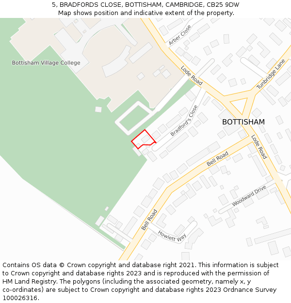 5, BRADFORDS CLOSE, BOTTISHAM, CAMBRIDGE, CB25 9DW: Location map and indicative extent of plot