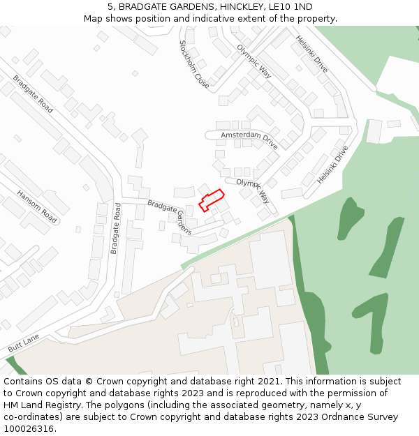 5, BRADGATE GARDENS, HINCKLEY, LE10 1ND: Location map and indicative extent of plot