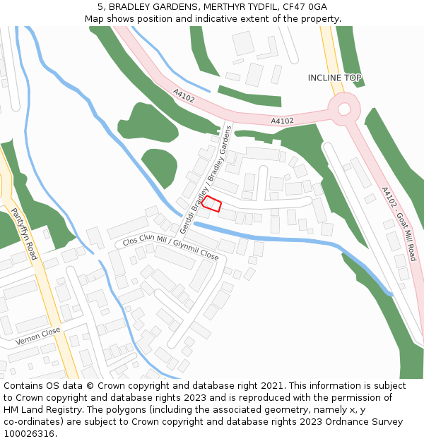 5, BRADLEY GARDENS, MERTHYR TYDFIL, CF47 0GA: Location map and indicative extent of plot