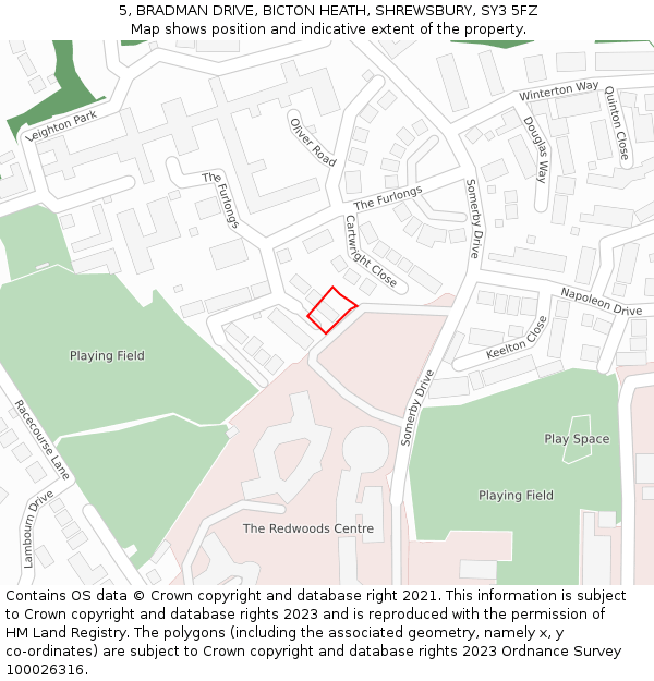 5, BRADMAN DRIVE, BICTON HEATH, SHREWSBURY, SY3 5FZ: Location map and indicative extent of plot