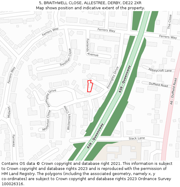 5, BRAITHWELL CLOSE, ALLESTREE, DERBY, DE22 2XR: Location map and indicative extent of plot