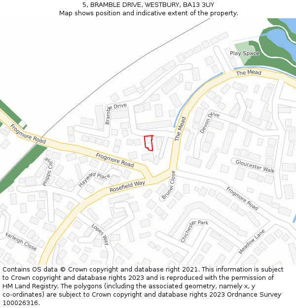 5, BRAMBLE DRIVE, WESTBURY, BA13 3UY: Location map and indicative extent of plot