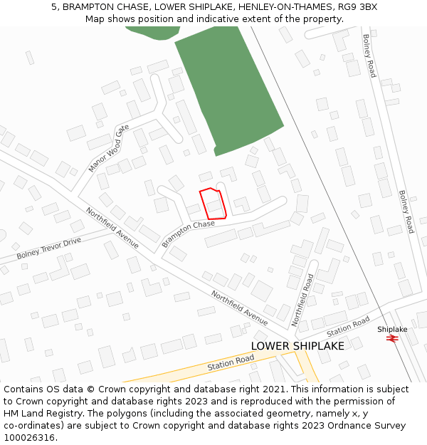 5, BRAMPTON CHASE, LOWER SHIPLAKE, HENLEY-ON-THAMES, RG9 3BX: Location map and indicative extent of plot