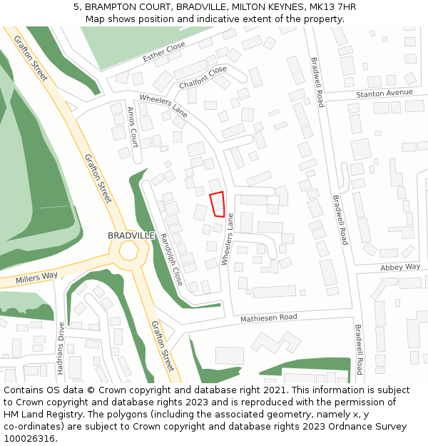 5, BRAMPTON COURT, BRADVILLE, MILTON KEYNES, MK13 7HR: Location map and indicative extent of plot