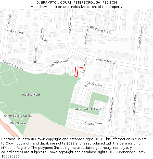 5, BRAMPTON COURT, PETERBOROUGH, PE2 8QN: Location map and indicative extent of plot