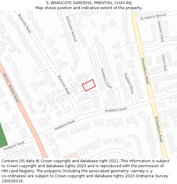 5, BRANCOTE GARDENS, PRENTON, CH43 6XJ: Location map and indicative extent of plot