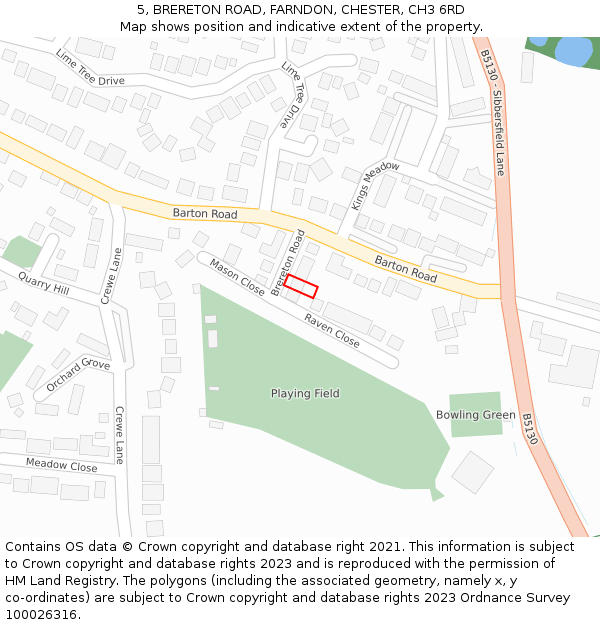 5, BRERETON ROAD, FARNDON, CHESTER, CH3 6RD: Location map and indicative extent of plot