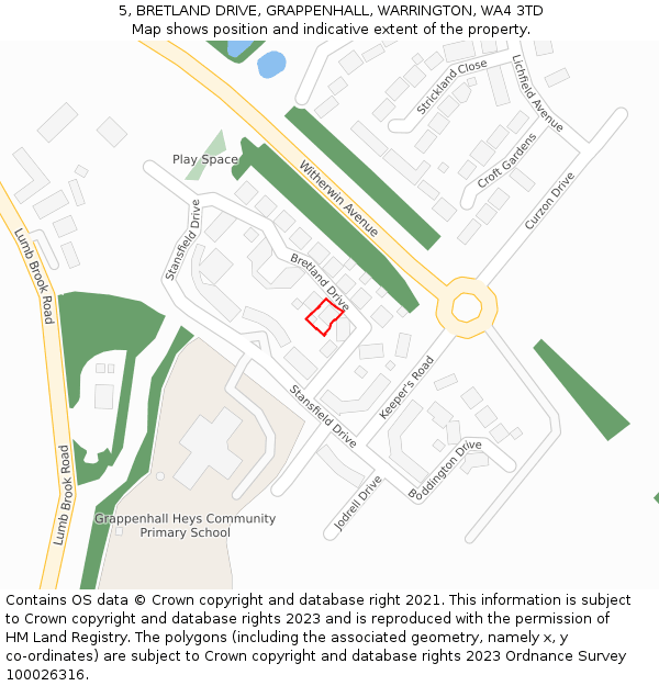 5, BRETLAND DRIVE, GRAPPENHALL, WARRINGTON, WA4 3TD: Location map and indicative extent of plot