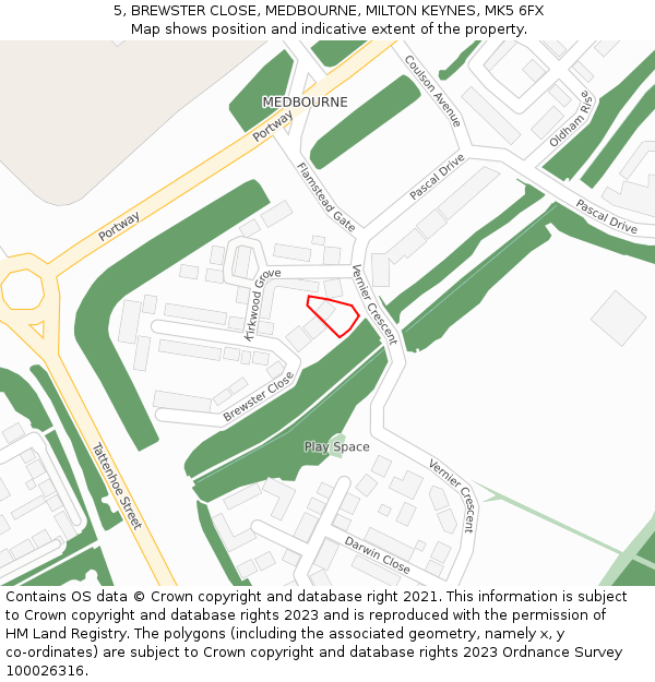 5, BREWSTER CLOSE, MEDBOURNE, MILTON KEYNES, MK5 6FX: Location map and indicative extent of plot