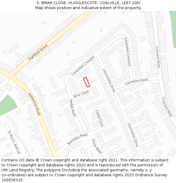 5, BRIAR CLOSE, HUGGLESCOTE, COALVILLE, LE67 2GN: Location map and indicative extent of plot