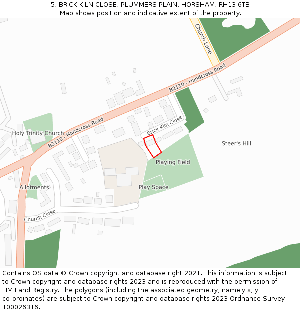 5, BRICK KILN CLOSE, PLUMMERS PLAIN, HORSHAM, RH13 6TB: Location map and indicative extent of plot