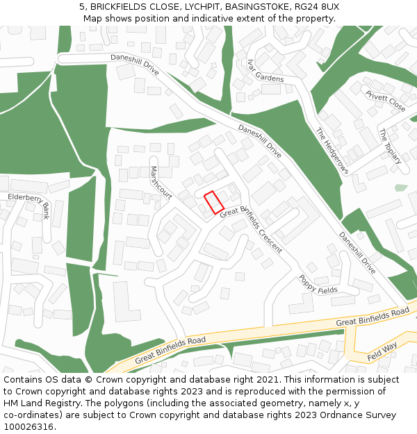5, BRICKFIELDS CLOSE, LYCHPIT, BASINGSTOKE, RG24 8UX: Location map and indicative extent of plot