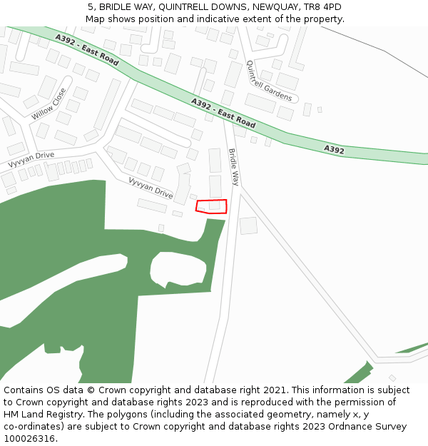 5, BRIDLE WAY, QUINTRELL DOWNS, NEWQUAY, TR8 4PD: Location map and indicative extent of plot
