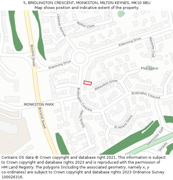 5, BRIDLINGTON CRESCENT, MONKSTON, MILTON KEYNES, MK10 9BU: Location map and indicative extent of plot