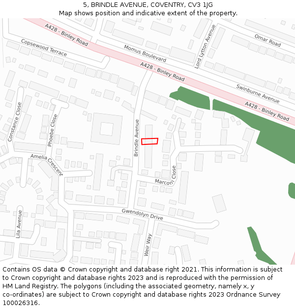 5, BRINDLE AVENUE, COVENTRY, CV3 1JG: Location map and indicative extent of plot