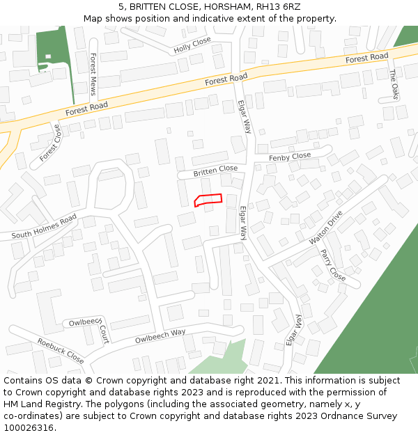 5, BRITTEN CLOSE, HORSHAM, RH13 6RZ: Location map and indicative extent of plot