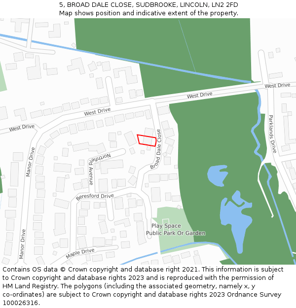 5, BROAD DALE CLOSE, SUDBROOKE, LINCOLN, LN2 2FD: Location map and indicative extent of plot