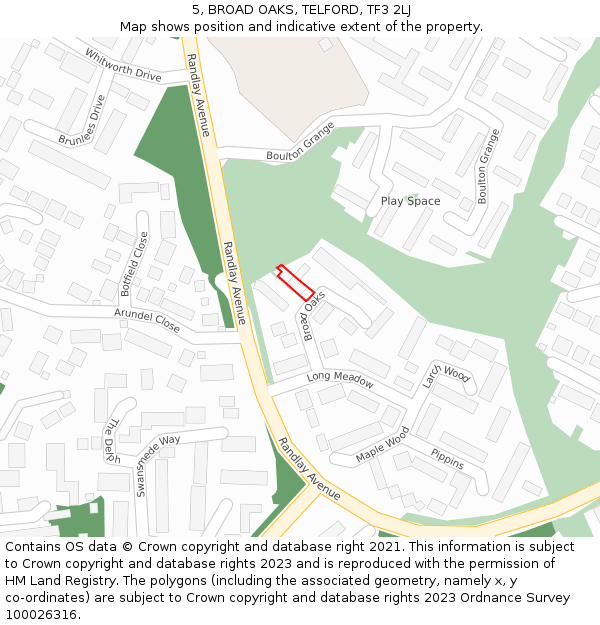 5, BROAD OAKS, TELFORD, TF3 2LJ: Location map and indicative extent of plot