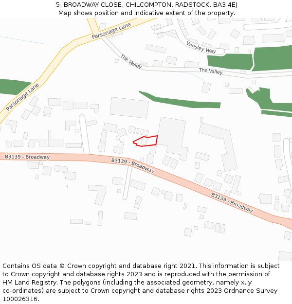 5, BROADWAY CLOSE, CHILCOMPTON, RADSTOCK, BA3 4EJ: Location map and indicative extent of plot