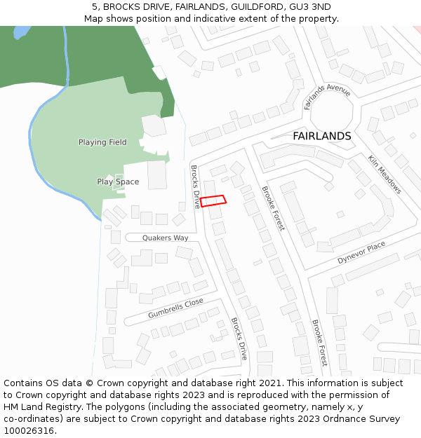 5, BROCKS DRIVE, FAIRLANDS, GUILDFORD, GU3 3ND: Location map and indicative extent of plot