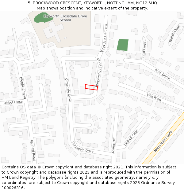 5, BROCKWOOD CRESCENT, KEYWORTH, NOTTINGHAM, NG12 5HQ: Location map and indicative extent of plot
