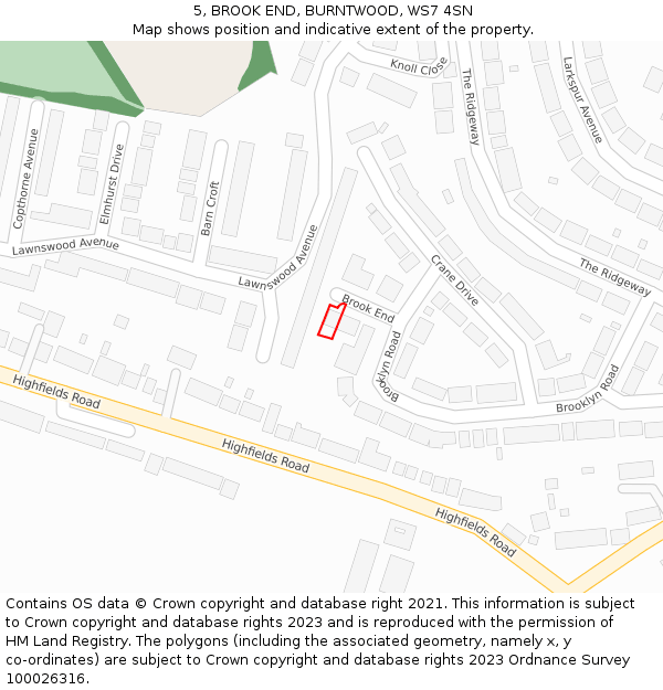 5, BROOK END, BURNTWOOD, WS7 4SN: Location map and indicative extent of plot