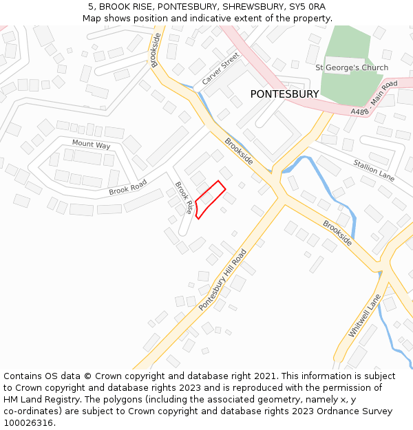 5, BROOK RISE, PONTESBURY, SHREWSBURY, SY5 0RA: Location map and indicative extent of plot