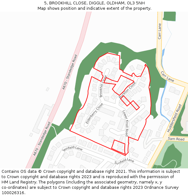 5, BROOKHILL CLOSE, DIGGLE, OLDHAM, OL3 5NH: Location map and indicative extent of plot