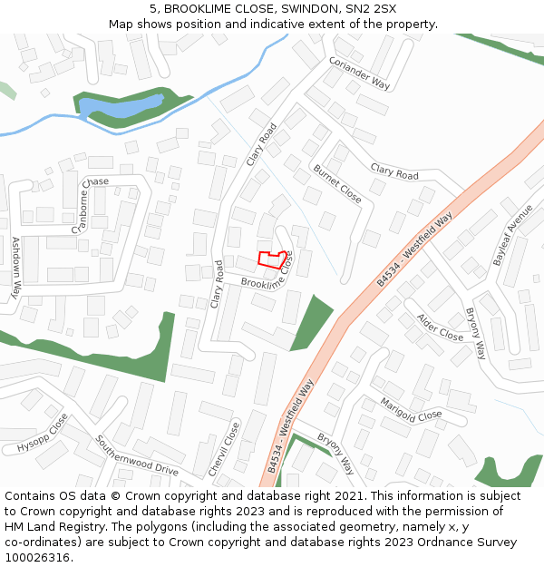 5, BROOKLIME CLOSE, SWINDON, SN2 2SX: Location map and indicative extent of plot