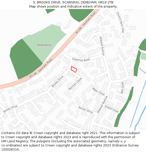 5, BROOKS DRIVE, SCARNING, DEREHAM, NR19 2TB: Location map and indicative extent of plot