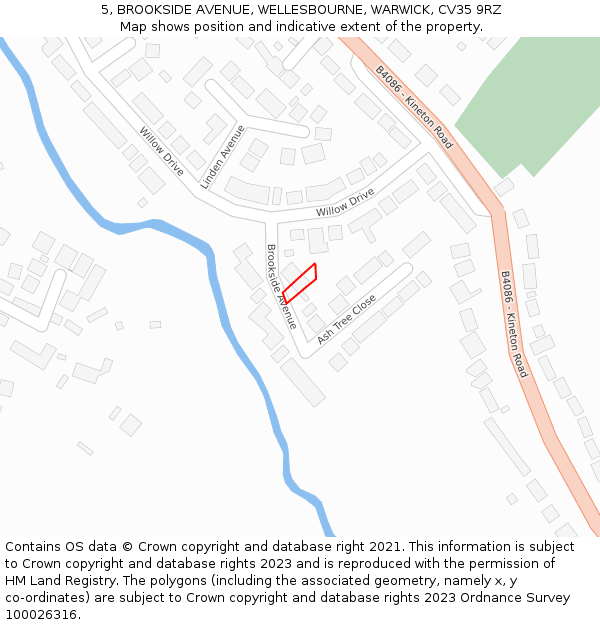 5, BROOKSIDE AVENUE, WELLESBOURNE, WARWICK, CV35 9RZ: Location map and indicative extent of plot