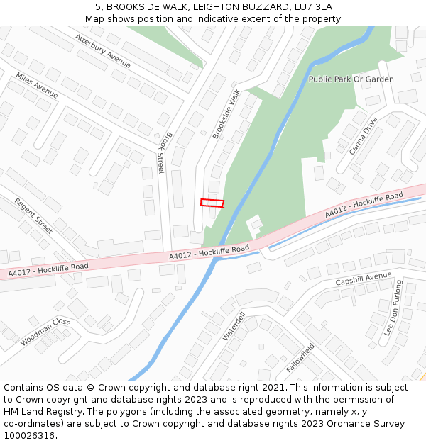 5, BROOKSIDE WALK, LEIGHTON BUZZARD, LU7 3LA: Location map and indicative extent of plot