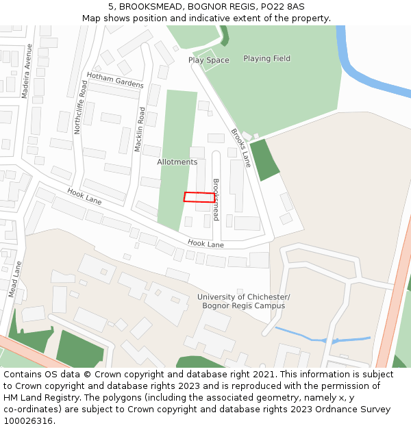 5, BROOKSMEAD, BOGNOR REGIS, PO22 8AS: Location map and indicative extent of plot