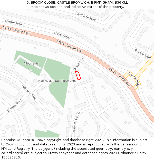 5, BROOM CLOSE, CASTLE BROMWICH, BIRMINGHAM, B36 0LL: Location map and indicative extent of plot