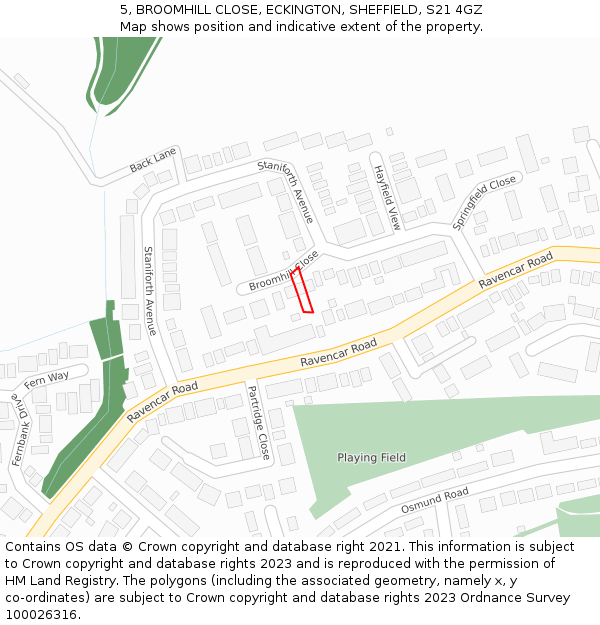 5, BROOMHILL CLOSE, ECKINGTON, SHEFFIELD, S21 4GZ: Location map and indicative extent of plot