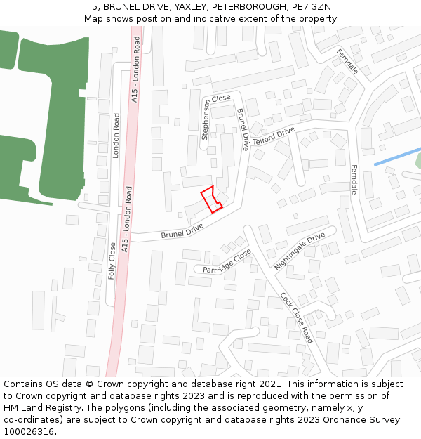 5, BRUNEL DRIVE, YAXLEY, PETERBOROUGH, PE7 3ZN: Location map and indicative extent of plot