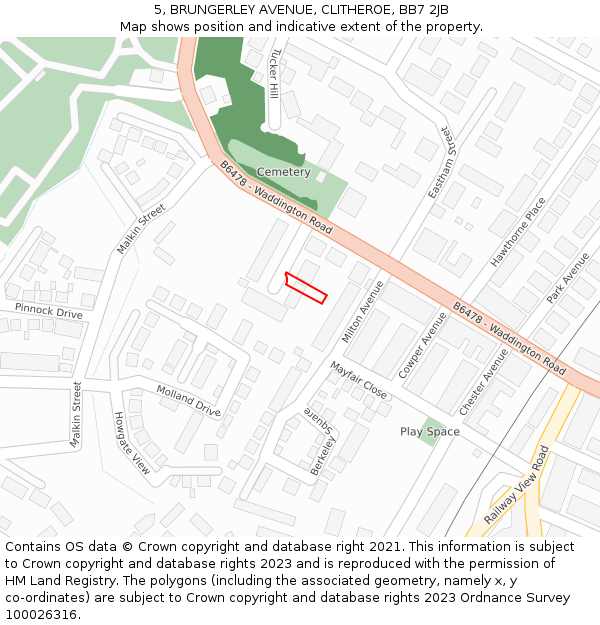 5, BRUNGERLEY AVENUE, CLITHEROE, BB7 2JB: Location map and indicative extent of plot