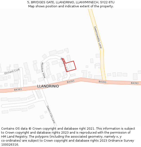 5, BRYDGES GATE, LLANDRINIO, LLANYMYNECH, SY22 6TU: Location map and indicative extent of plot