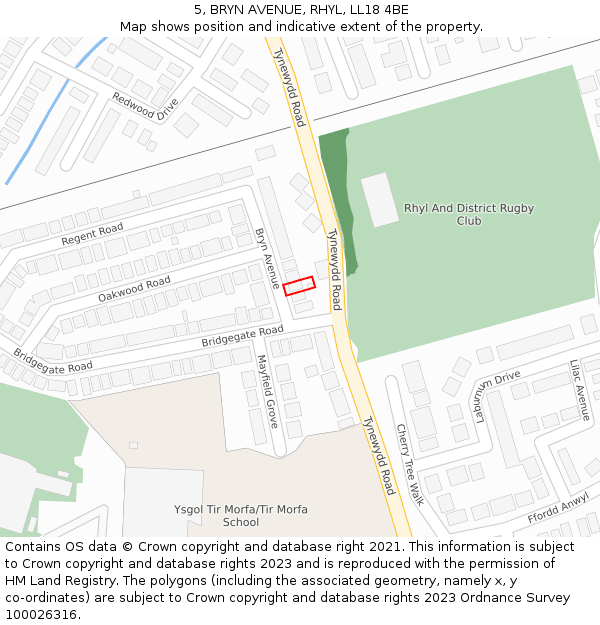 5, BRYN AVENUE, RHYL, LL18 4BE: Location map and indicative extent of plot