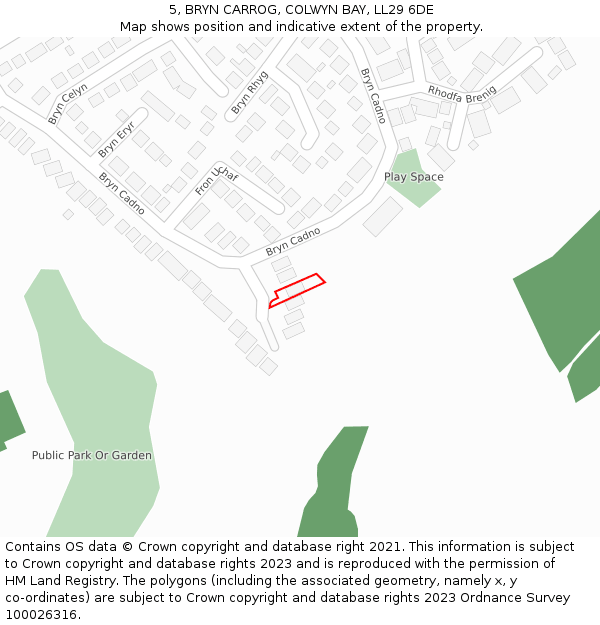 5, BRYN CARROG, COLWYN BAY, LL29 6DE: Location map and indicative extent of plot