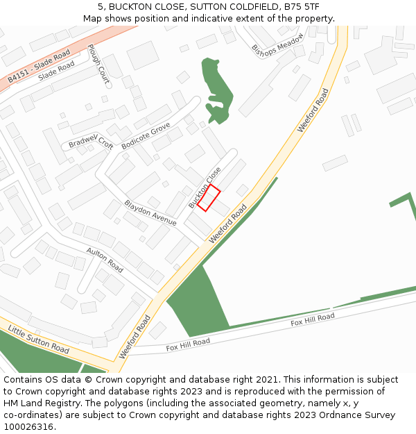 5, BUCKTON CLOSE, SUTTON COLDFIELD, B75 5TF: Location map and indicative extent of plot