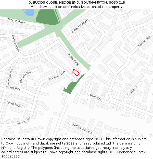 5, BUDDS CLOSE, HEDGE END, SOUTHAMPTON, SO30 2LB: Location map and indicative extent of plot