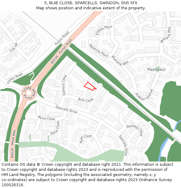 5, BUIE CLOSE, SPARCELLS, SWINDON, SN5 5FX: Location map and indicative extent of plot